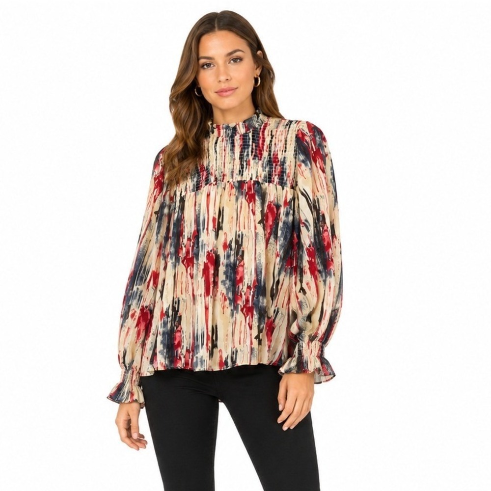 *NWT* Entro Valentina Top Women Size Medium Multicolor Abstract‎ Smocked Blouse